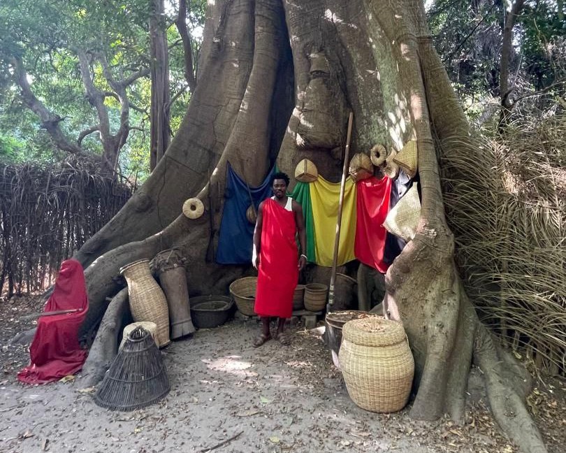 L'EcoMusée Diola de Boucotte en Casamance, présentant des figures traditionnelles et des objets culturels au pied d'un arbre sacré, un site à visiter depuis le Campement Buhanor.